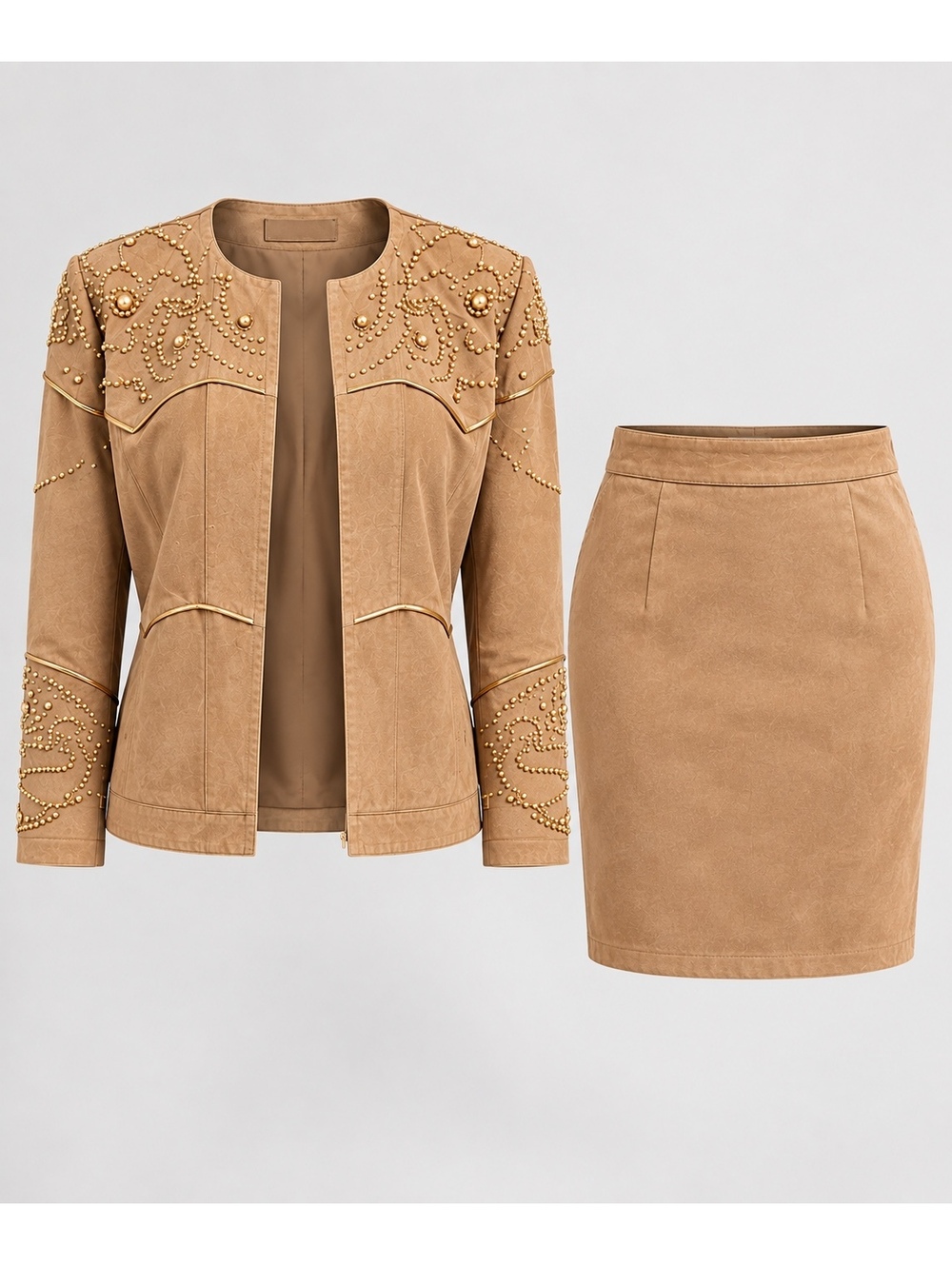 Vintage Cache Tan Suede Gold-Embellished Jacket & Skirt Set